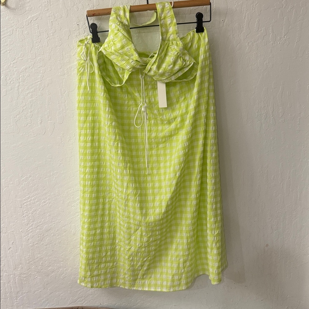 For Love & Lemons Maureen Midi Dress Lime Green Gingham Cutout Small Neon NWT - Picture 3 of 7